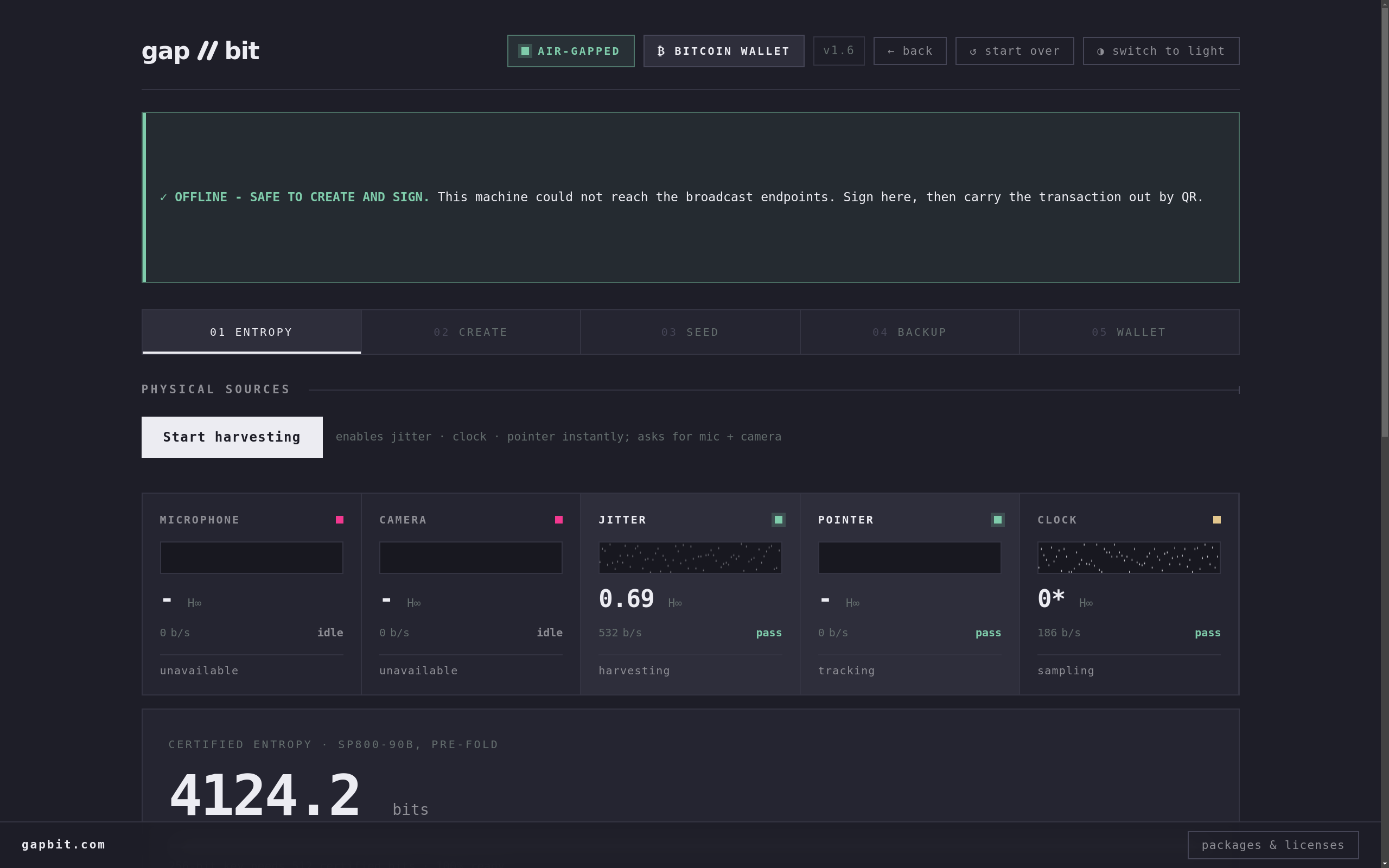 Live entropy harvest: five physical sources with min-entropy estimates, health tests passing and a certified-bits counter