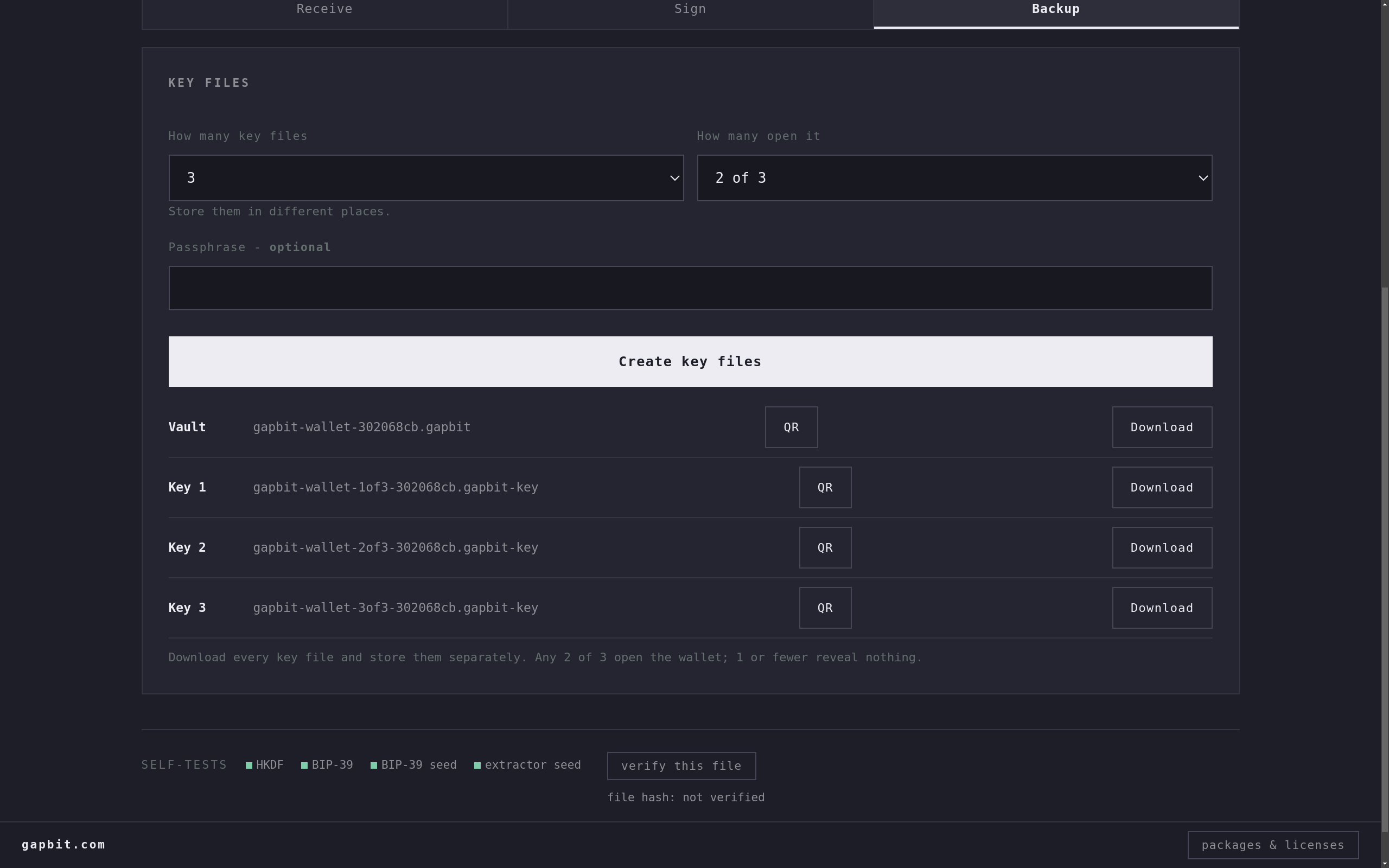 Backup screen: a vault file plus three key files created 2-of-3, each with QR and download: any 2 of 3 open the wallet, 1 reveals nothing