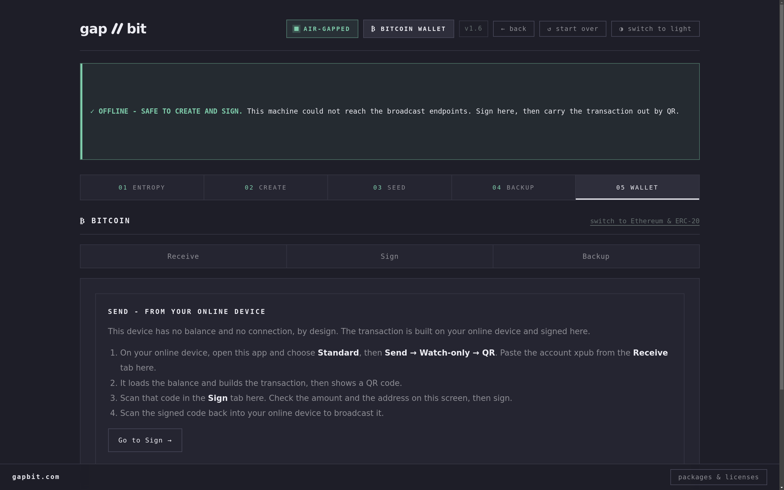 Air-gapped signing screen: OFFLINE - SAFE TO CREATE AND SIGN banner and the four-step online/offline workflow